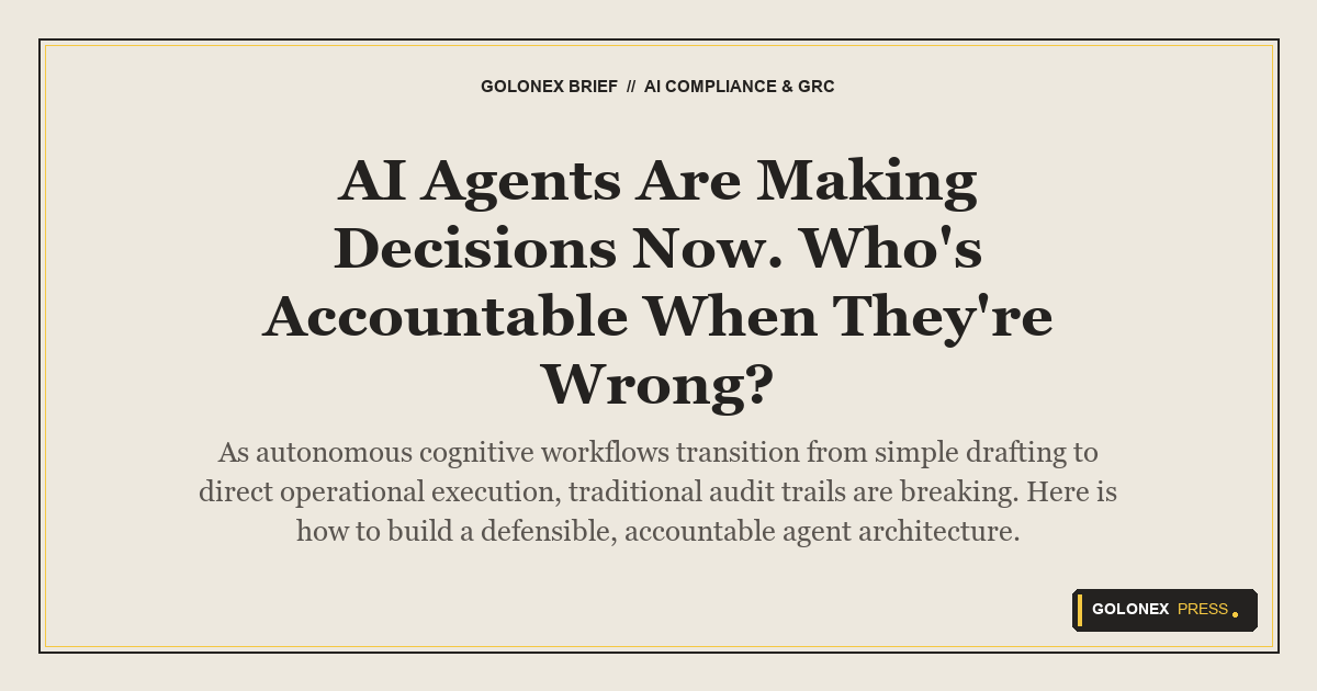 Branded Golonex Press featured graphic illustrating a magnifying glass auditing a chain of secure, connected cognitive decision nodes
