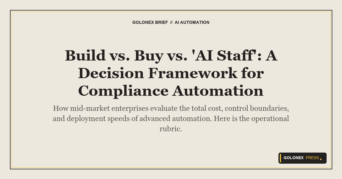 Branded Golonex Press featured graphic illustrating the decision matrix comparing custom build, commercial SaaS, and embedded augmented ML operations