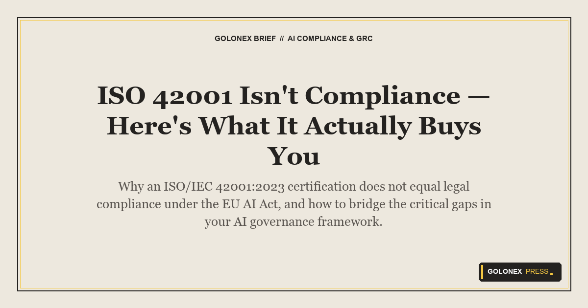 Branded Golonex Press featured graphic mapping the Venn-diagram overlap of ISO 42001, NIST AI RMF, and the EU AI Act